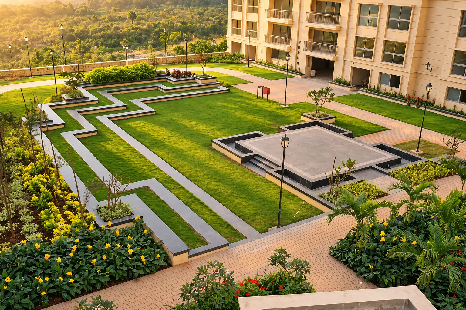 Outdoor landscaped space within Hiranandani Fortune City